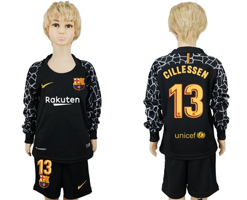 Barcelona #13 Cillessen Black Goalkeeper Long Sleeves Kid Soccer Club Jersey